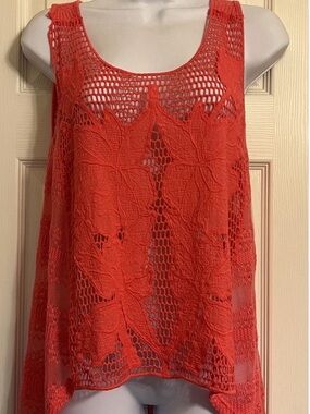 Ginger G Coral Size M Crochet Floral Openwork Tank Beach Cover Up Hi-Low Top